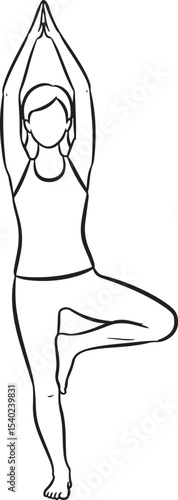 Outline Illustration of Woman Performing Tree Pose in Yoga Practice
