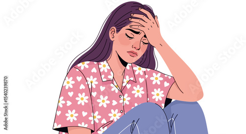 Depressed Woman with Hand on Forehead, Wearing Floral Shirt, Eyes Closed.