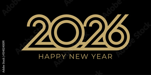 Happy New Year 2026 modern text. Golden 2026 number isolated on black background. Vector luxury design template with geometric lines for greeting card, cover, poster, calendar, social media post