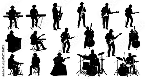 Silhouetted musicians playing diverse instruments: saxophones, guitars, keyboards, drums, and double bass