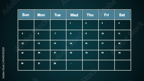 The calendar 30th day of the month is red circled ,Calendar interface with highlighted dates and event icons, looped animation.