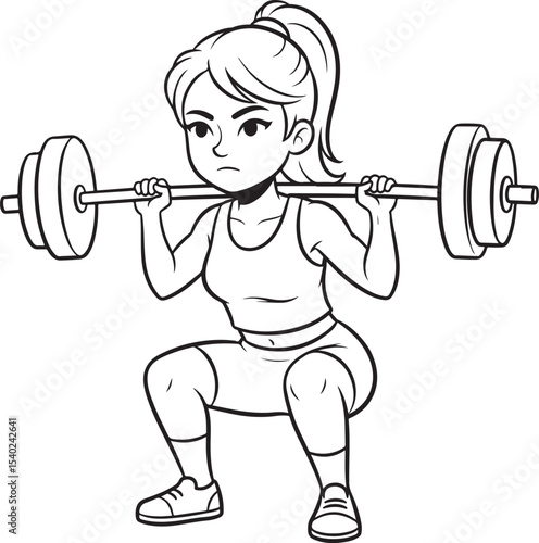 Determined cartoon woman lifting weights in a squat position, a strong girl