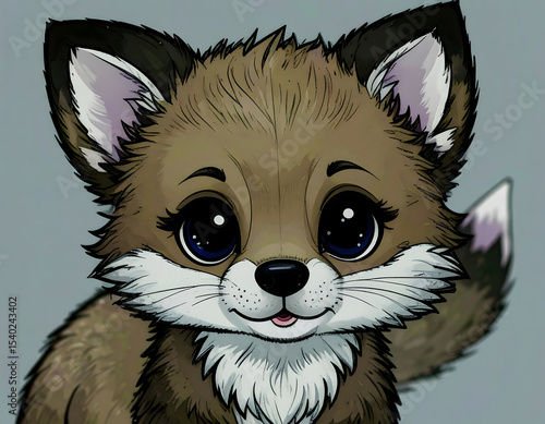 Adorable cartoon fox with big, expressive eyes and detailed fur, set against a simple background.
