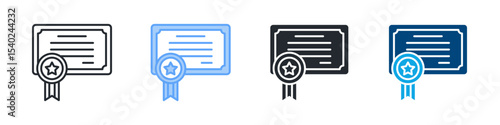 Certificate Icon Set Multiple Style. Design In Outline, Blue, Glyph, Dual Tone