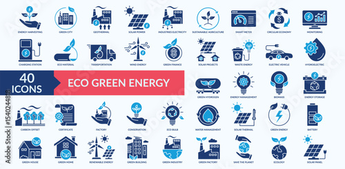 Eco green energy icon collection set with renewable energy, solar power, wind energy, waste energy, eco material