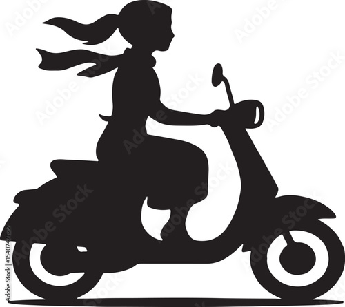Vintage vector illustration of a girl riding a retro electric scooter, motorcycle, or moped silhouette