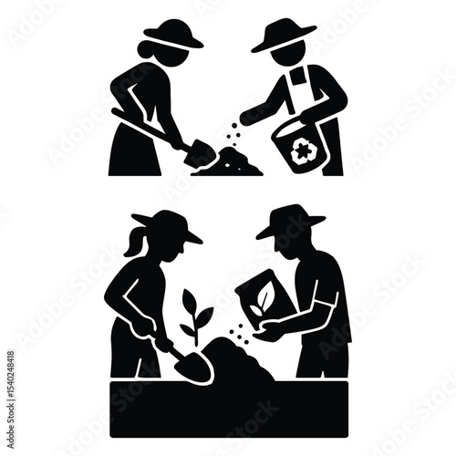Gardening couple silhouette planting and fertilizing plants silhouette