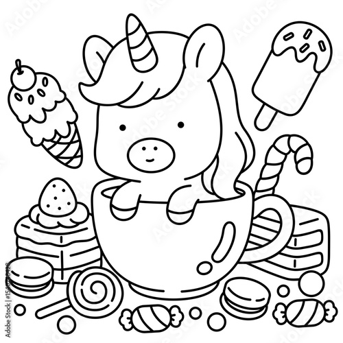 A little unicorn in a world of delicious sweets,  easy coloring for kids, vector, illustration, coloring book, coloring page, cozy, cute, bold, comfy