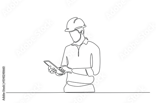 Engineer holding tablet in continuous one line drawing. Single line art illustration of technician working with tablet. Editable vector.