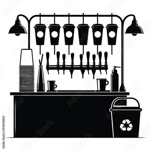 Coffee shop counter silhouette with taps and cups silhouette