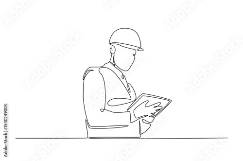 Engineer holding tablet in continuous one line drawing. Single line art illustration of technician working with tablet. Editable vector.