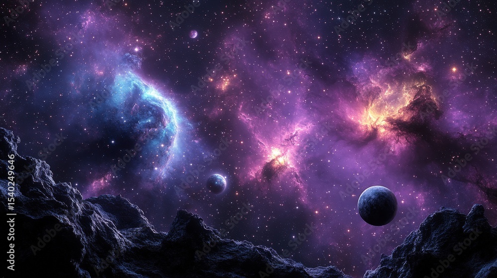 Fototapeta premium A vibrant cosmic scene featuring colorful nebulas, distant planets, and rocky terrain against a starry space background.