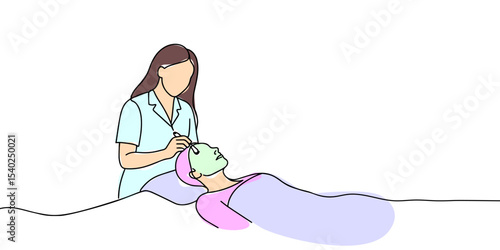 Girl cosmetologist doing a procedure to a client, continious line drawing. Care procedures, cosmetics, beauty salon outline. Vector illustration