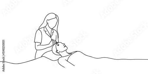 Girl cosmetologist doing a procedure to a client, continious line drawing. Care procedures, cosmetics, beauty salon outline. Vector illustration