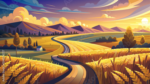 Winding Road Through Golden Wheat Fields at Dusk, Showcasing Rural Beauty and Peaceful Escape for Travel and Tourism Campaigns  Very beautiful