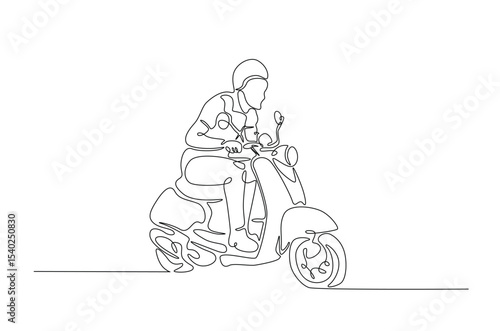 A man riding motor scooter in continuous one line drawing. Single line art illustration of person ride retro scooter. Editable vector.