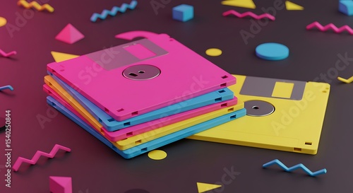 Wallpaper Mural Stacked Colorful Floppy Disks on a Dark Background with Geometric Shapes Torontodigital.ca