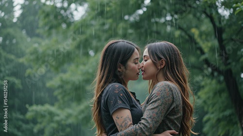 Two Women Embracing and Kissing in Gentle Rain Outdoor Scene. Lesbians videos, kissing, two women kiss, lesbians kissing sexually, girls, sexy lesbian