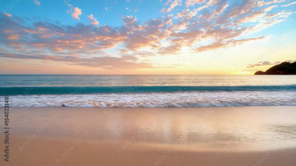 Serene beach with gentle waves, golden sand, and vibrant sunset on horizon at dusk. Serene beach with gentle waves, golden sand, and vibrant sunset on horizon at dusk.