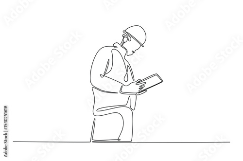 Engineer holding tablet in continuous one line drawing. Single line art illustration of technician working with tablet. Editable vector.