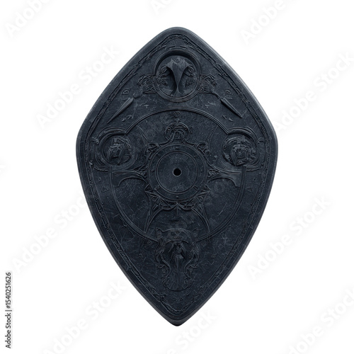 Ornate Dark Stone Shield with Intricate Carvings