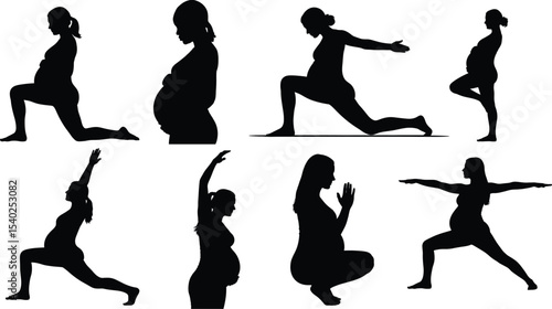 Prenatal Yoga Silhouette Set: Pregnancy Exercise Poses, Including Stretching, Balancing, and Relaxation Moves, Ideal for Maternity Wellness and Fitness Design Themes