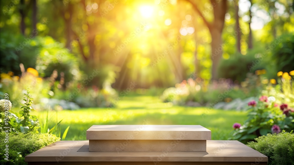 Fototapeta premium “Podium in garden setting with sunlight and blurred nature background”