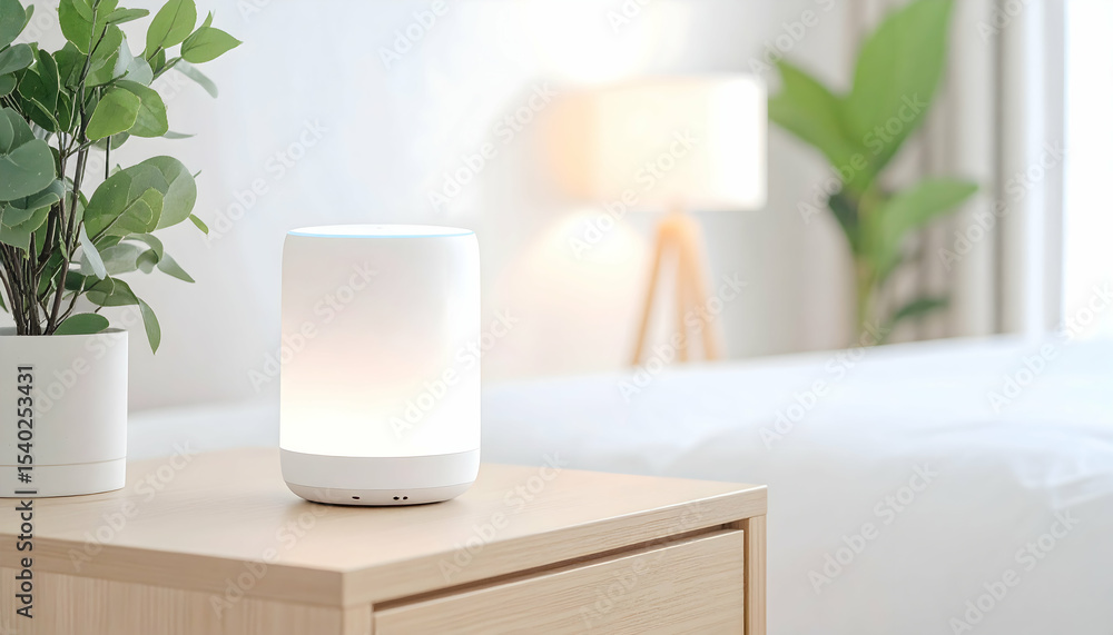 Obraz premium White Smart Speaker on Wooden Nightstand in Modern Bedroom