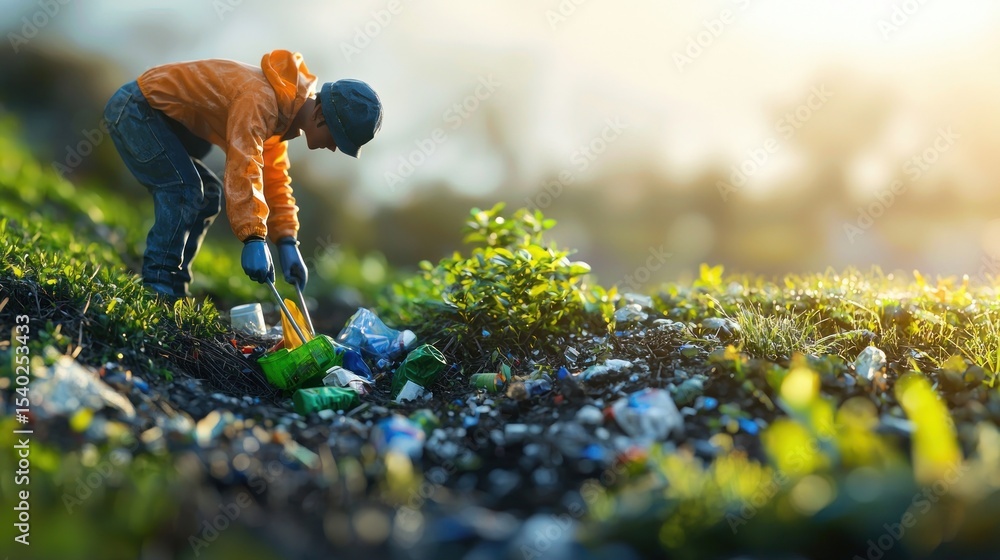 Naklejka premium Miniature figure cleaning up plastic waste