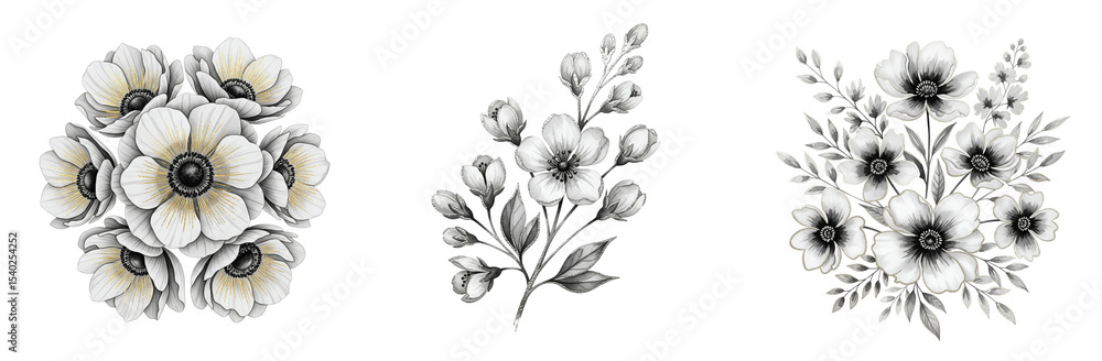 Monochromatic watercolor illustrations of anemone flowers, showcasing their delicate petals and dark centers, emphasizing texture and form. Monochromatic watercolor illustrations of anemone flowers, showcasing their delicate petals and dark centers, emphasizing texture and form.