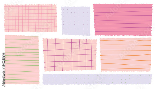 Crayon drawn notebook paper set with grid, lines, dots. Hand drawn colorful notes and funky stickers. Textured square paper for school, math, planner, or bullet journal design.