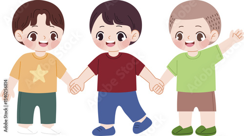 United Children: A cheerful gathering of three children, holding hands, epitomizes the spirit of friendship, unity, and youthful exuberance through a heartwarming illustration.