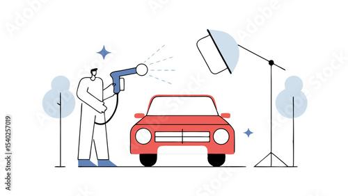 Man Spray Painting Red Car in Studio