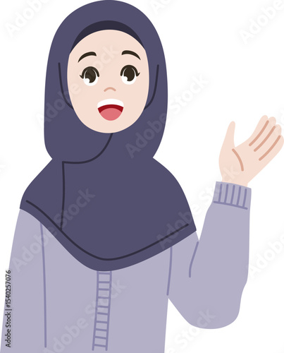 Kindly Woman: A friendly woman in hijab and a purple dress, with a welcoming smile and outstretched hand, personifying inclusivity and approachability.