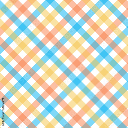 Colorful gingham seamless pattern.Multicolor checkered tartan plaid repeat pattern in blue orange yellow white.Geometric vector illustration background wallpaper.Texture for fabric and prints.