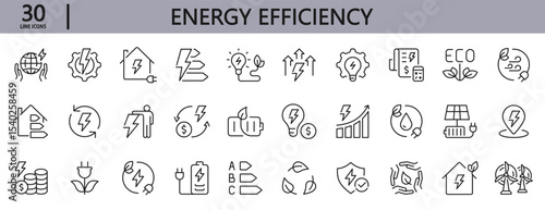 Energy Efficiency line icons set with Ecology, Consumption, Solar, Price, Reduction, Electricity, Save and more. Editable Stroke