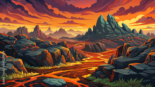 lava rock field with sparse vegetation vector ideal for volcanic terrain, geology themes, and rugged natural landscapes in design projects