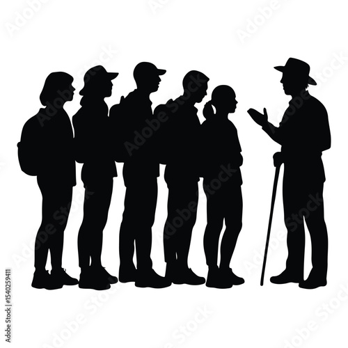 Silhouette of a Tour Guide Explaining to a Group of Tourists Dressed for Hiking Outdoors with Backpacks and Hats on