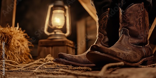 Close-up of cowboy boots, hat, rope, and lantern resting on hay in a rustic barn at night, perfect for Western and country-themed designs