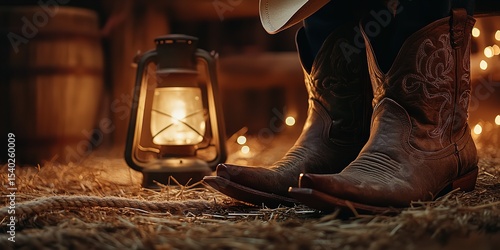 Close-up of cowboy boots, hat, rope, and lantern resting on hay in a rustic barn at night, perfect for Western and country-themed designs
