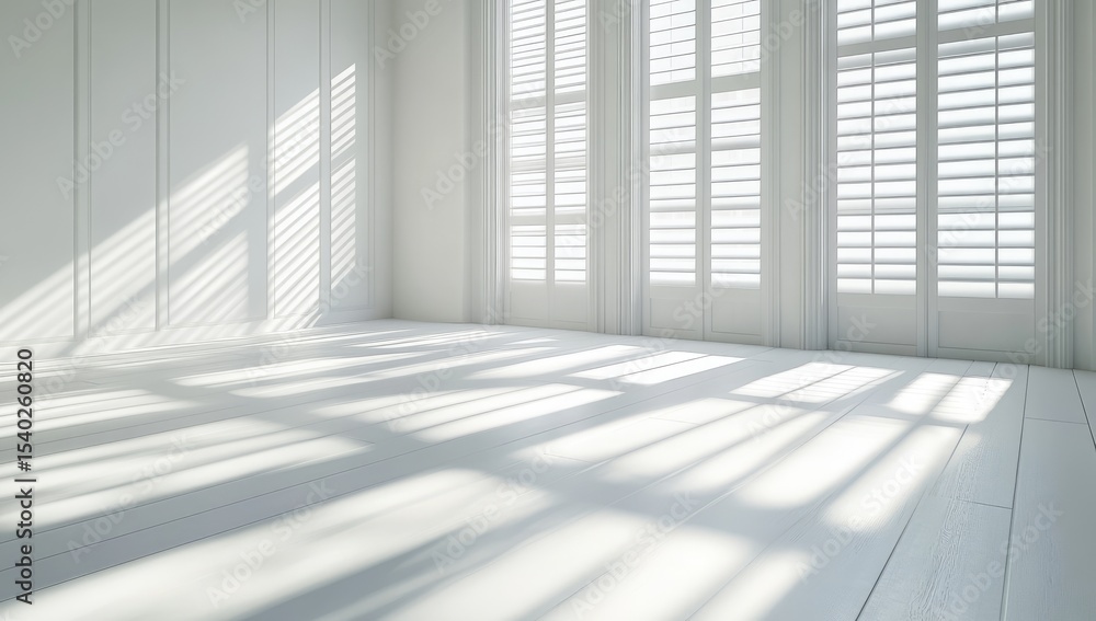 Bright, white room with large shuttered windows. Sunlight casts shadows on white floor Bright, white room with large shuttered windows. Sunlight casts shadows on white floor