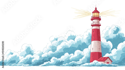 A stylized illustration depicting a tall red and white lighthouse standing amidst a turbulent sea.  The lighthouse is detailed with a small house at its base and emits a bright beam of light. 