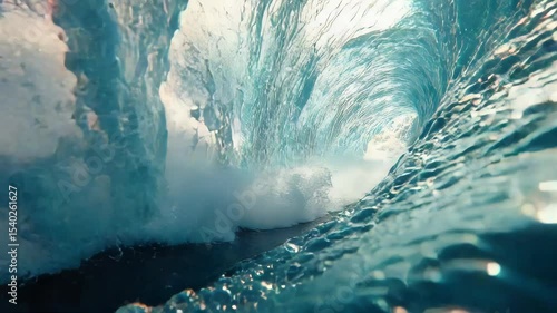 Dynamic underwater view of a curling ocean wave with sunlight sparkling off the water surface
