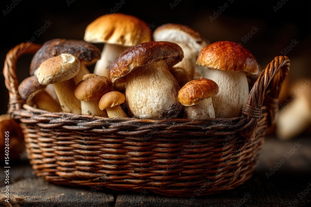 Porcini Mushrooms Harvested in Wicker Basket Displayed on Wooden Surface - Close-up Edible Fungi Variety Still Life Composition Porcini Mushrooms Harvested in Wicker Basket Displayed on Wooden Surface - Close-up Edible Fungi Variety Still Life Composition