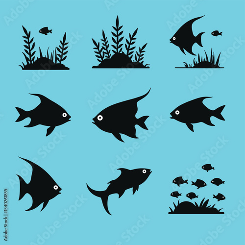 Silhouette Collection of Fish and Aquatic Plants on Blue Background
