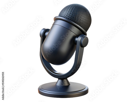 A modern black studio microphone rendered in high-quality 3D, isolated on a white background, sleek and professional design, realistic shadows and lighting, minimal aesthetic