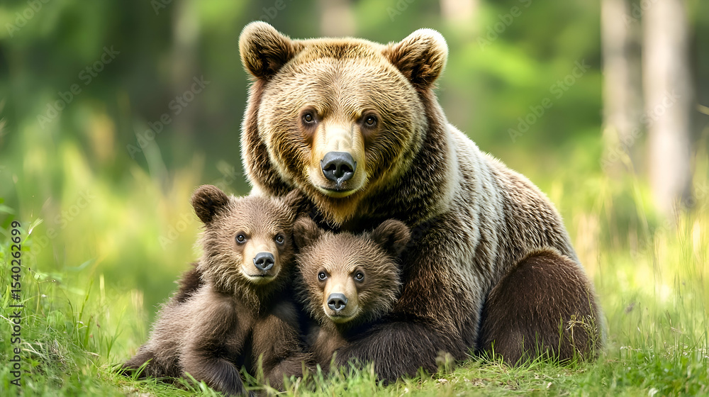 Brown bear mother and cubs in a natural setting. Brown bear mother and cubs in a natural setting.