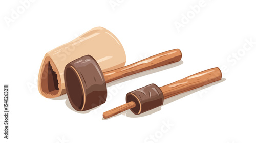 Isometric illustration of a set of wooden tools against a white background. The set includes a large wooden mallet with a brown head and a light brown wooden handle, a smaller mallet with similar