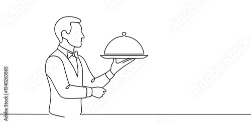 continuous line of restaurant waiter carrying food with silver cover.one line drawing of restaurant waiter.