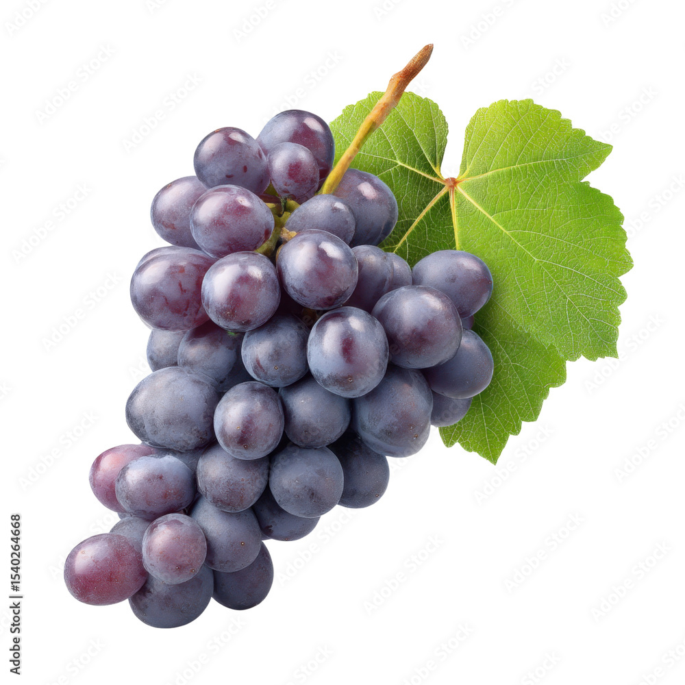 Fototapeta premium Fresh and Juicy Purple Grapes Bunch with Green Leaf Isolated on White Background for Healthy Eating Designs Transparent background or png